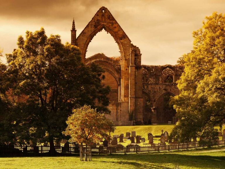 Historical ruins of an Abbey at sunset.