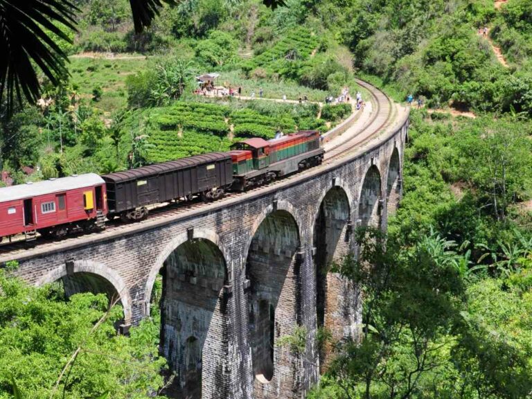 Red and black train passes over a 9 arch bridge in a green valley