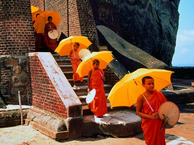 Monks walk down staircase in red robes holding orange umbrellas.