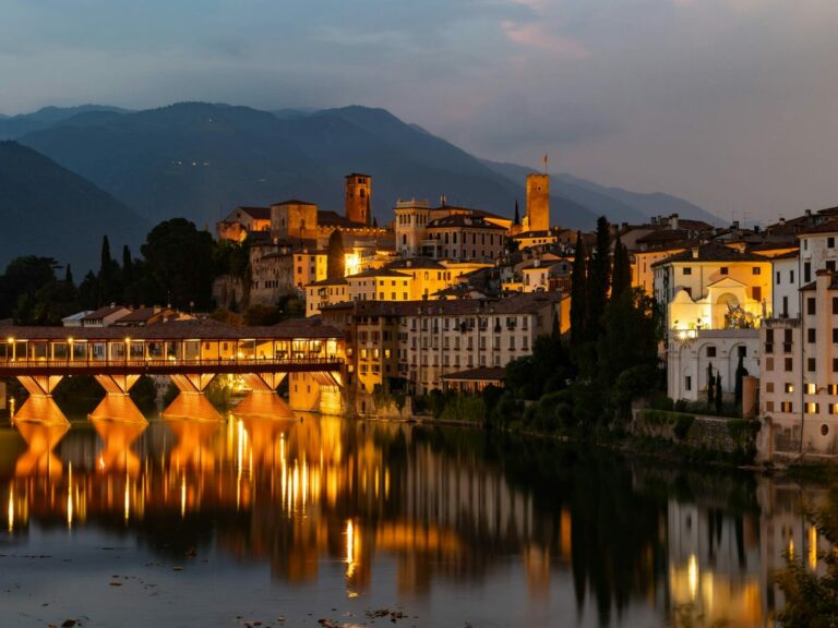 Ponte Vecchio bridge at night, Bassano, Italy